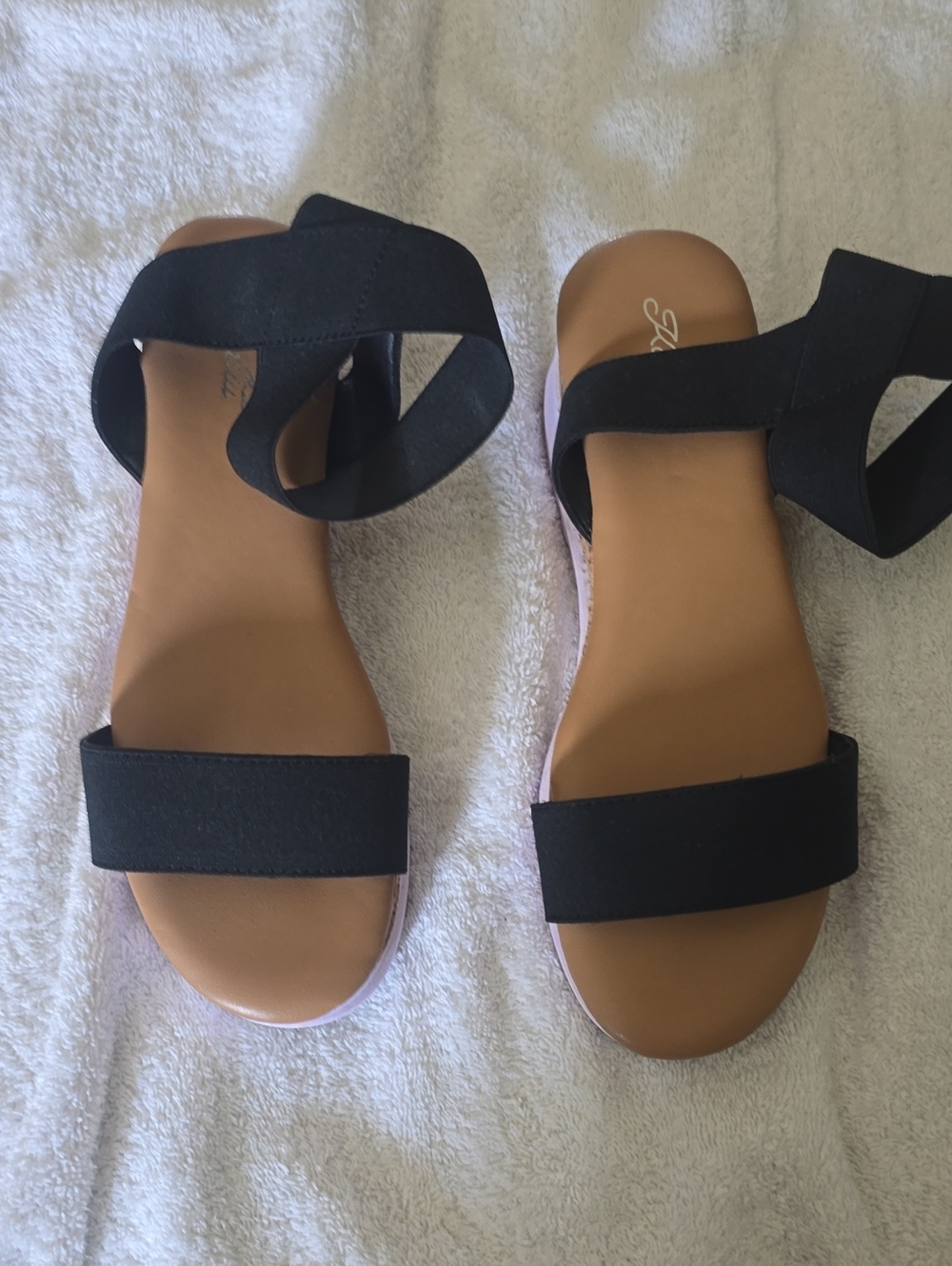 Women's Black Elastic Strap Sandals with Tan Footbed- Only Wore Once.
